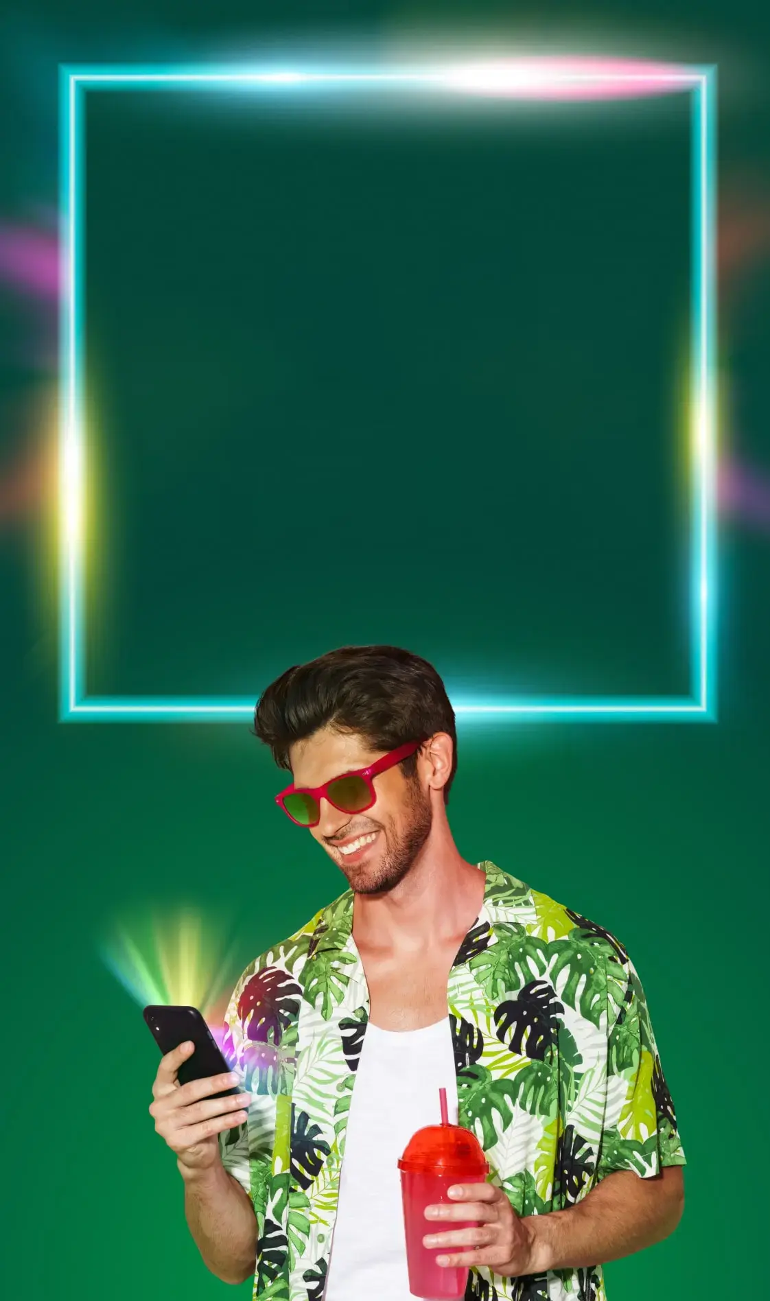 A man on holiday using his mobile phone on the Asda Mobile network.