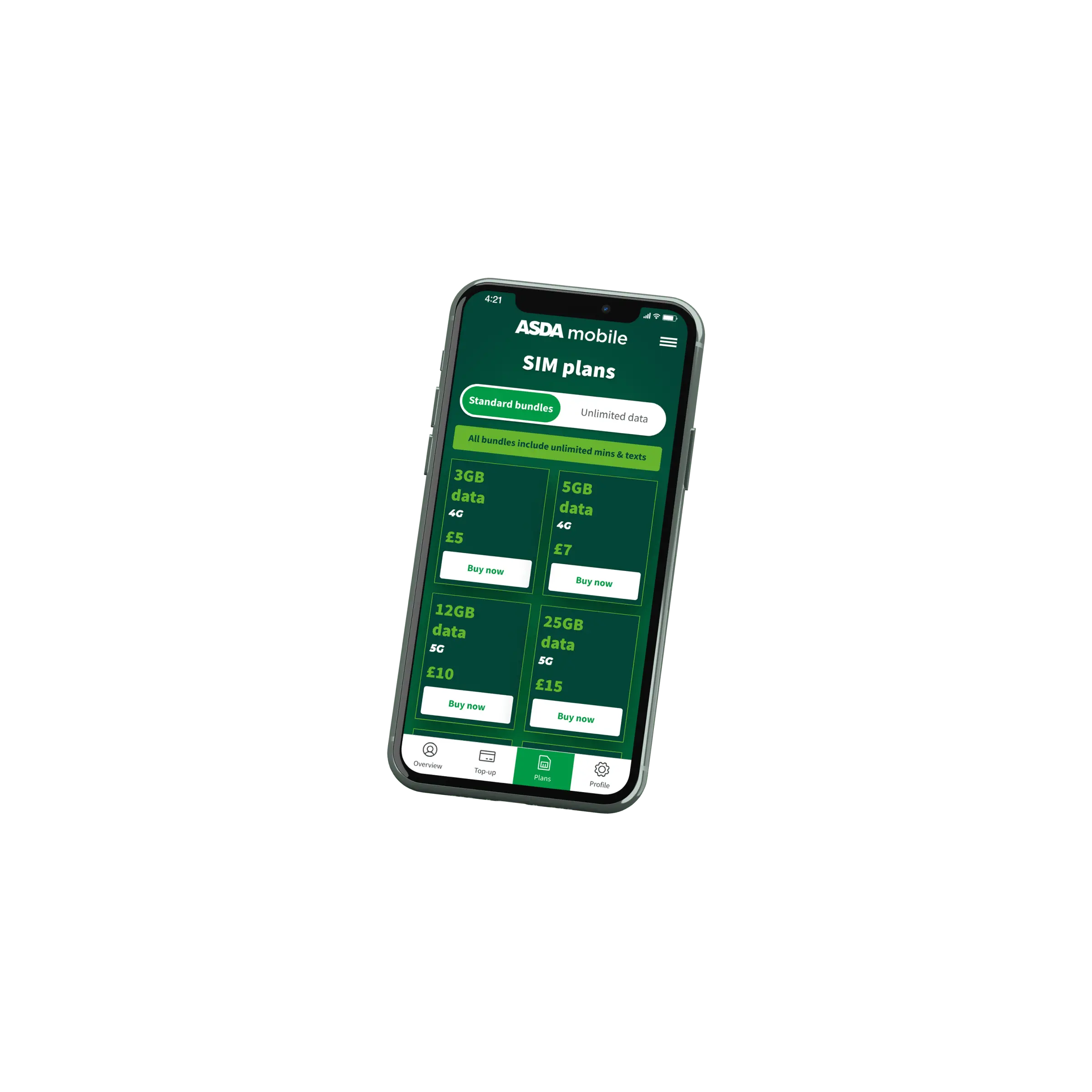 The purchase a SIM plan page on the Asda Mobile app.