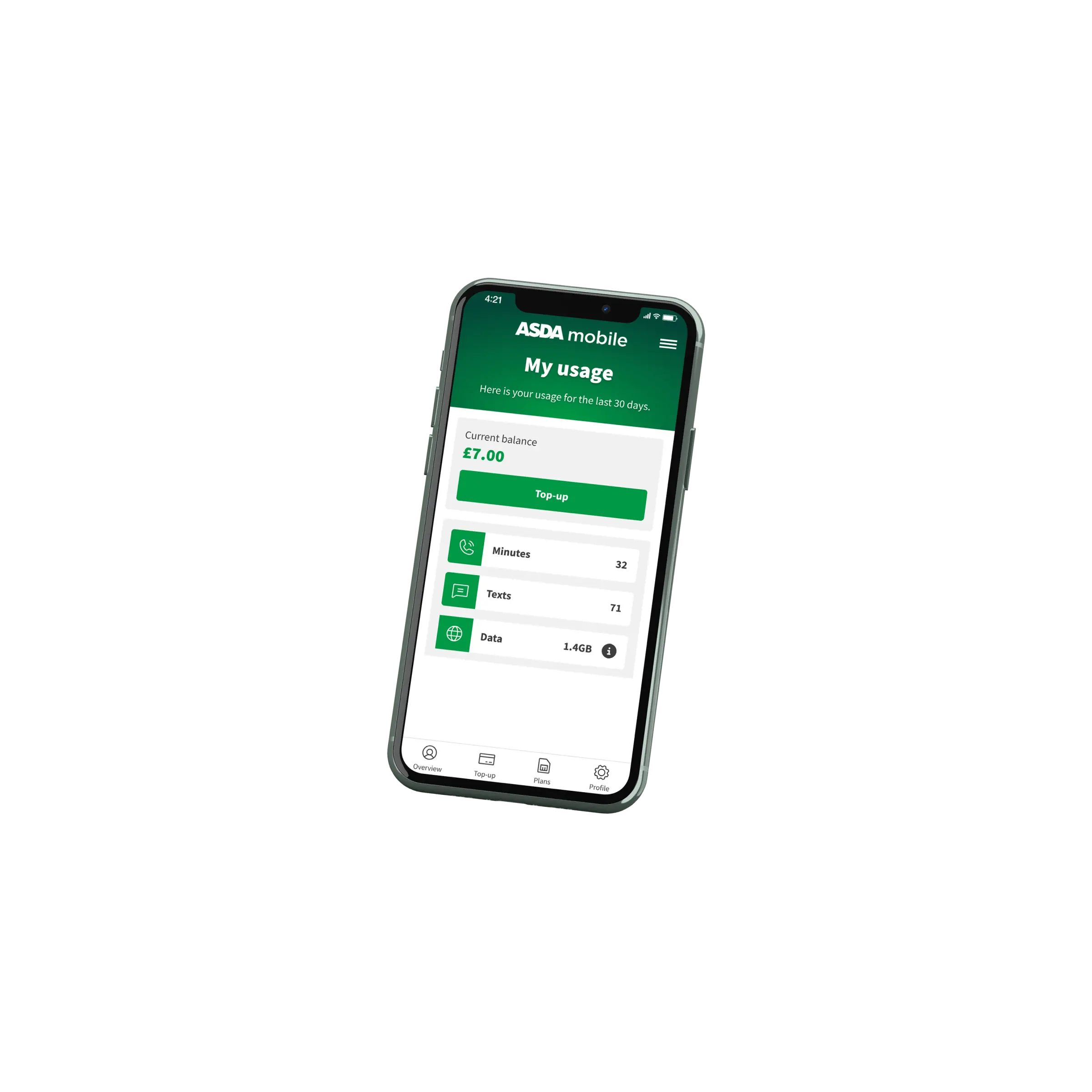 The usage page of the Asda Mobile app. Displaying how many minutes, texts and data the user has used.