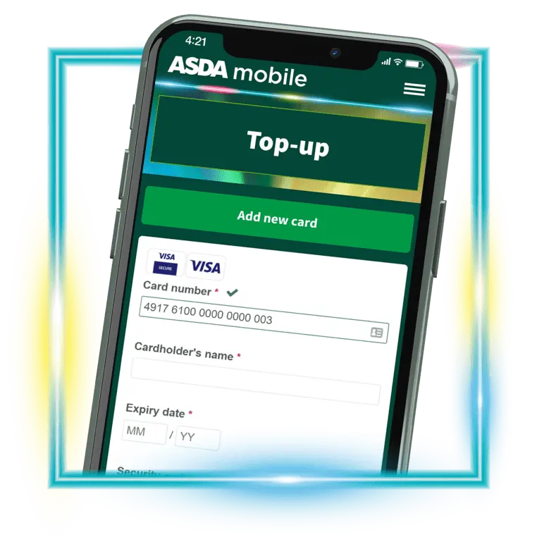 An image of an iPhone with the top up payment page in My Account.