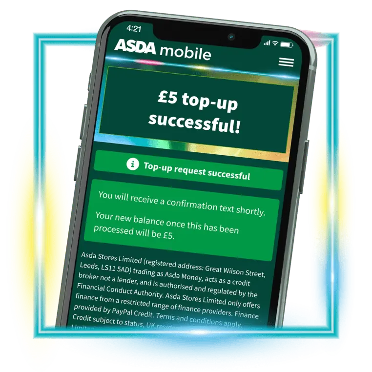 An image of an iPhone with the top up successful page in My Account.