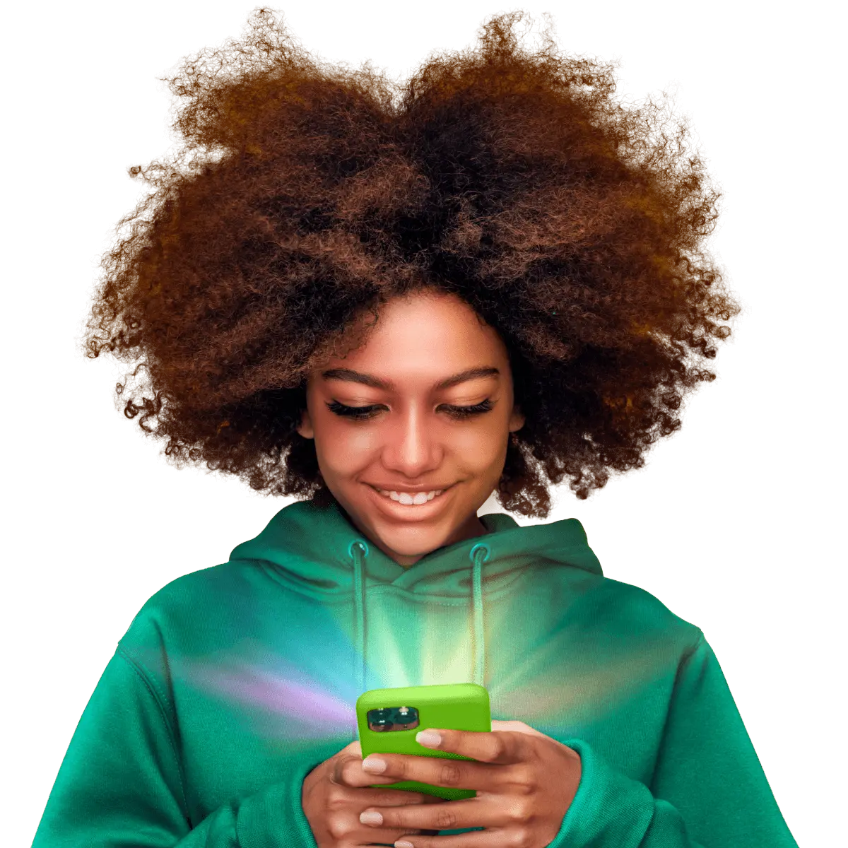 A woman with a smile on her face using the Asda Mobile app.